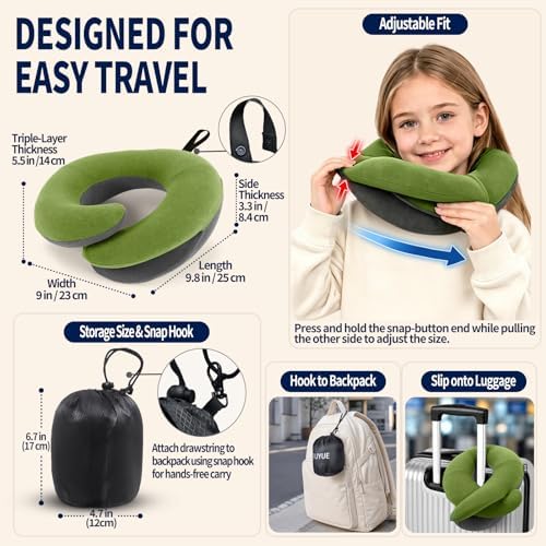 BUYUE Kids Travel Pillows for Airplane, Memory Foam 360° Head Support Sleeping Essentials for Long Flight, Skin-Friendly Soft Neck Pillow for Traveling in Car Seat, (Small, Green Grey, 40-90 lbs)