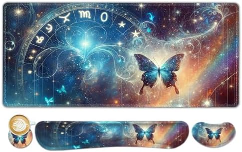 ToLuLu Large Mouse Pad Desk Pad Set, Wrist Rest Support Desk Mat for Keyboard and Mouse, 4PCS 35.4”x15.7 XXL Giant Mouse Pad, Non-Slip Base Stitched Edges Mousepad Home Office, Glittering Butterfly