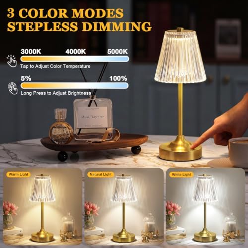 Kakanuo Gold Cordless Rechargeable Table Lamp, Touch Battery Powered Lamp, 3 Color Modes, Crystal Acrylic Lampshade, Portable Ambient Night Light for Desk, Bedroom, Dining Room, Kitchen, Bar (2 Pack)