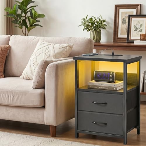Fixwal Black Nightstands Set of 2, Led Night Stand with Charging Staion