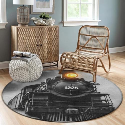 Women's Large Home Decor Mat, Soft Round Yoga Carpet, Non Slip Machine Washable Home Office Circle Rug Black Steam Train