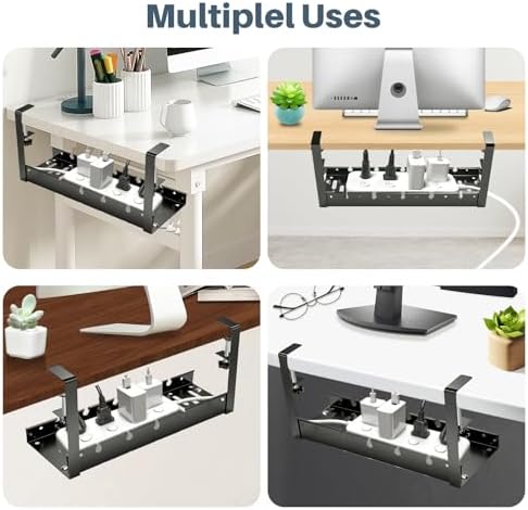 Under Desk Cable Management Tray, No Drill Clamp Mount, Metal Cord Organizer for Desk, Wire Management Rack for Home Office and Standing (Black)