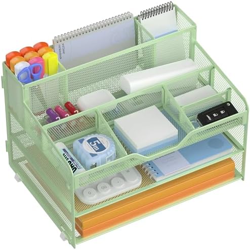 Docnest 3 Tier Mesh Desk Organizer with Letter Tray & Paper Sorter, Green