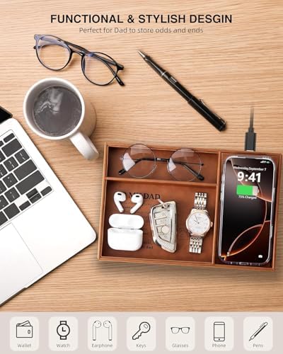 TopMade Valet Tray for Men, Built in Wireless Charging Pad, Nightstand Dresser Organizer, Faux Leather Mens Jewelry Box with Charging Station, Brown