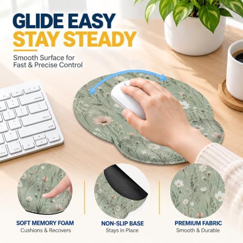 Green Wildflowers Ergonomic Wrist Rest Mouse Pad Set with Keyboard Cushion