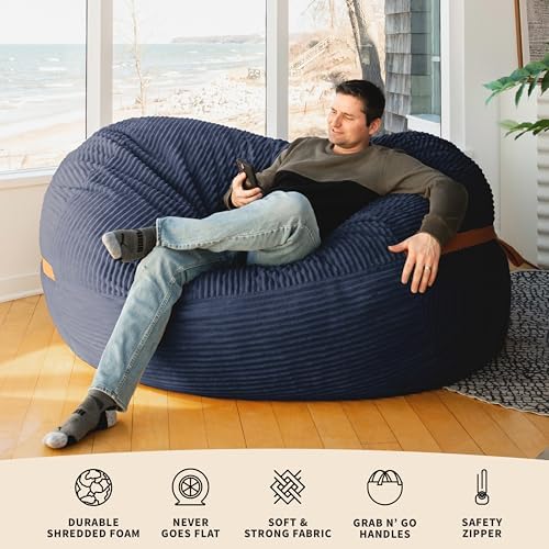Big Joe Fuf 7Ft Foam Bean Bag Chair for Kids and Family, Ideal for Living Space and Basement, Midnight Blue Corded Plush, 7 feet Giant