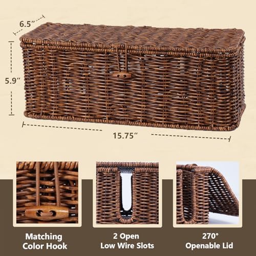 Cable Management Box, Cord Organizer with Lid & Cable Ties - Brown, L