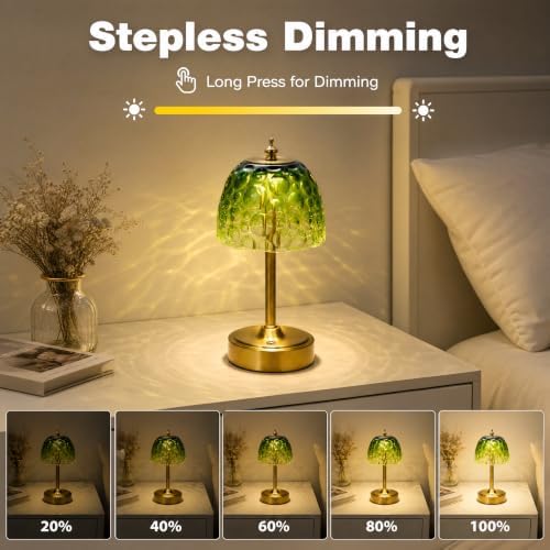 Mini Rechargeable Cordless Touch Table Lamp, Battery Powered, Green Bubble Glass Shade, 2600mAh, 3 Color Temperatures, Stepless Dimming, for Bedside Dresser Bookshelf