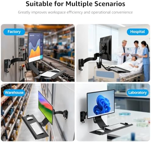 BEWISER Monitor Wall Mount with Foldable Keyboard Tray & Mouse Storage Single Monitor Arm Stand Computer Workstation for 17''-32'' Screens Suitable for Factory, Hospital, Warehouse & Lab Black