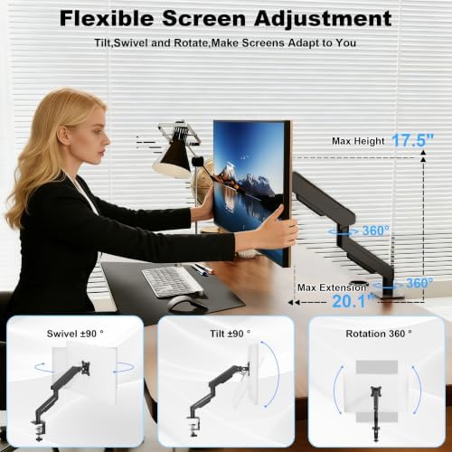 THEARK Single Monitor Desk Mount 17"-32" Screens - Adjustable Mechanical Monitor Arm Computer Monitor Stand up to 19.8 lbs,VESA Arm Desk Mount with C-Clamp and Grommet Base,VESA 75x75/100x100mm,Black