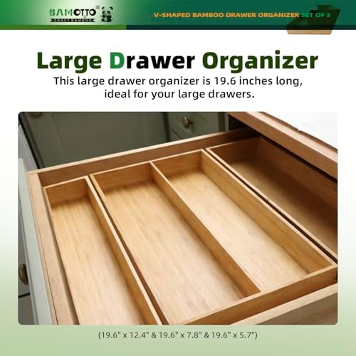 BAMOTTO CRAFTBAMBOO Large Long V-Shaped Bamboo Drawer Organizer Set of 3
