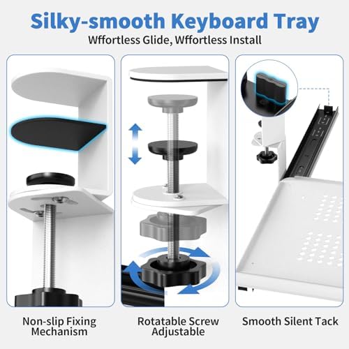 Keyboard Tray Under Desk - Full Metal Slide Out Holder, Rust-Resistant & Scratch-Proof, Double C-Clamps, 26x13" Tray for L Shape/Regular Desks, Standing/Sitting Workstation(White-B)