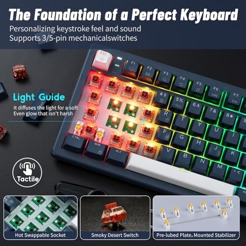 Hexgears E4Pro Wireless Creamy Mechanical Keyboard with Number Pad, Hot Swappable Custom Keyboard with Wrist Rest,Pre-lubed Tactile Switches,Gasket Structure,RGB Backlit Gaming Keyboard (Dark Blue)