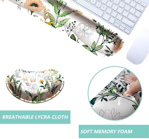 Keyboard Wrist Rest Mouse Wrist Support Set, Memory Foam Wrist Rest Pad for Computer Laptop Keyboard Mouse, Ergonomic Wrist Cushion Support for Typing Pain Relief, Gaming Home Office, Flower White