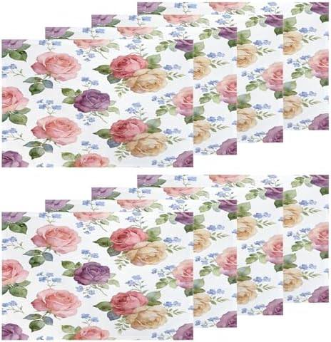 Shrahala Pink Plant Floral Set of 8 12 X 18 Inch Linen Placemats, Blue Abstract Roses Burlap Table Mat Washable Double Layered Heat Insulation for Indoor/Outdoor