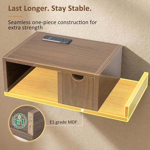 Afuly Walnut Floating Nightstand with Charging Station Narrow Bedside Table