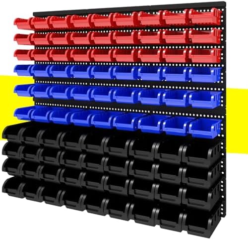 90Pcs Plastic Wall Mounted Storage Bins Parts Rack Nuts And Bolt Bins Organizer For Shop Garage for Screws, Nuts, Bolts, Nails, Beads, and Small Hardware Parts,Red,Blue,Black