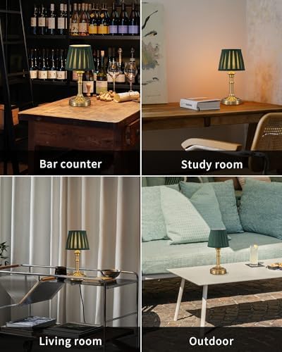 KDG Gold Cordless Table Lamps Set of 2, Green Fabric Shade Small Desk Lamp
