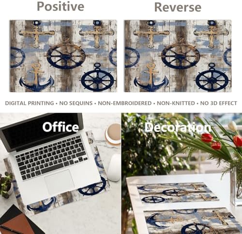 Seafaring Maritime Elements Linen Placemats, Ocean Inspired Coastal Vibes Table Mats for Table Washable Heat Insulation Thick Dining Mat, Indoor/Outdoor 12X18 in 8 Pcs