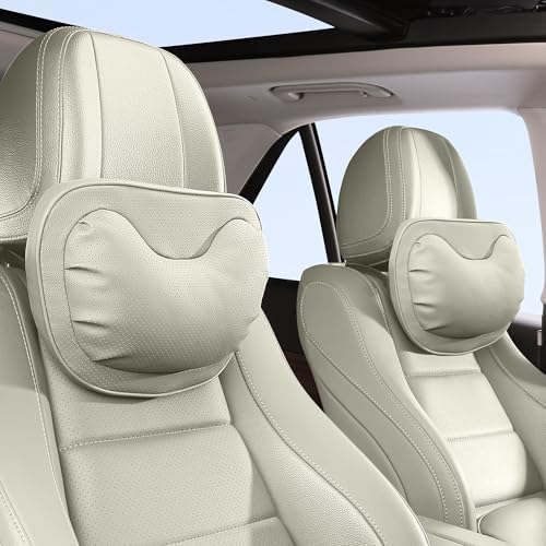Car Neck Pillow [No More Pressure] Soft Comfortable Premium Leather Headrest with Adjustable Strap – Ergonomic Support for Driving, Office & Gaming, Off White (Beige), 2 Pack