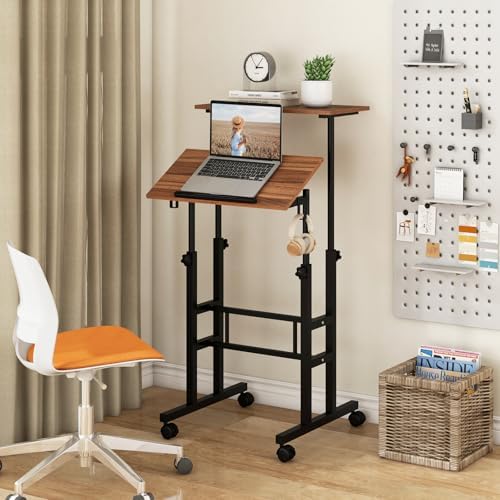 Tangkula Mobile Standing Desk, Height-Adjustable Laptop Podium Cart with Tilting Tabletop & Adjustable Angle, Rolling Stand Up Computer Desk with 2 Hanging Hooks & Lockable Casters for Home Office