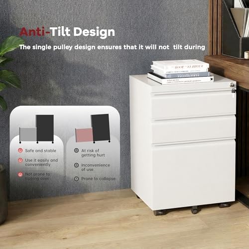 Bonusall 3 Drawer File Cabinet with Lock, Small Under Desk Filing Cabinet for Home Office, Fully Assembled Metal Rolling Storage Fits A4/Letter/Legal - White