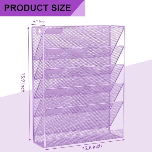 Wall File Organizer Holder Mesh Hanging Paper Document Holder, Vertical 6 Pocket Tier for Office Home, Light Purple