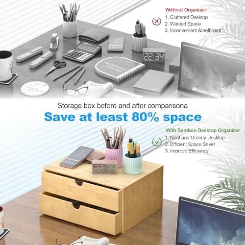 Bamboo Desk Drawer Organizer, Large Desktop Organizer with Drawers Tabletop Storage Organization Box for Office Home Toiletries Supplies Vanity, No Assembly Required (2 Drawer)