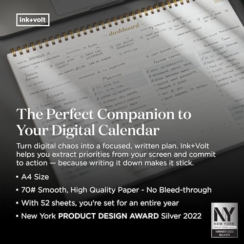 Ink+Volt Dashboard Spiral Deskpad | Undated Weekly Planner Notepad w/ 52 Undated Sheets, Premium Productivity Planner, Minimalist Weekly to do List for Work & Study | A4 Size, Black - Made in the USA