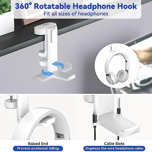 KDD 4-in-1 Desk Organizer - Under Desk Cup Holder and Headphone Hanger with 2 Wire Holes - Rotating Hanger and Detachable Storage for Cup, Phone and Pen (White)
