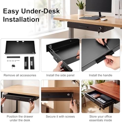 Menkxi 20'' x 9'' Under Desk Drawer Slide Out Storage Organizer, Lockable Metal Desk Drawer for Laptop and Office Accessories, Large Hidden Under Table Storage Box with Cable Management, Black