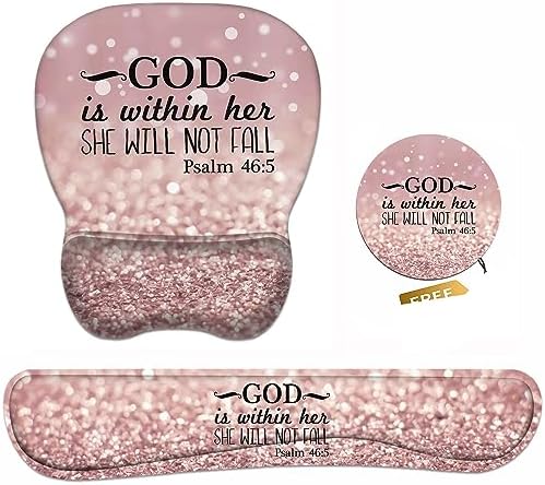 Ergonomic Mouse Pad Wrist Support and Keyboard Wrist Rest Set with Coasters, Non-Slip PU Base, Easy Typing & Pain Relief, Perfect for Home Office Working Studying, Bible Verse Psalm 46:5