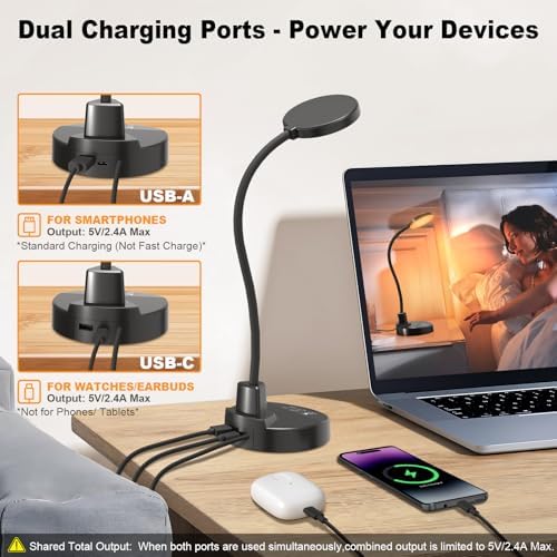 15W LED Desk Lamp with USB Charging Ports, [Button & Remote Control] Dimmable Table Lamp with 3 Color Modes, 5 Brightness Levels, 4 Timers, Flexible Reading Light for Home Office, Bedroom, Kids Study