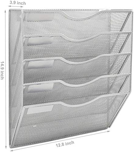 EASEPRES 5 Pocket Mesh Hanging Wall File Organizer, Wall Mounted Mail Paper Document Folder Holder, Clipboard Storage Organization Magazine Rack with Nametag Label for Office Home School, Silver