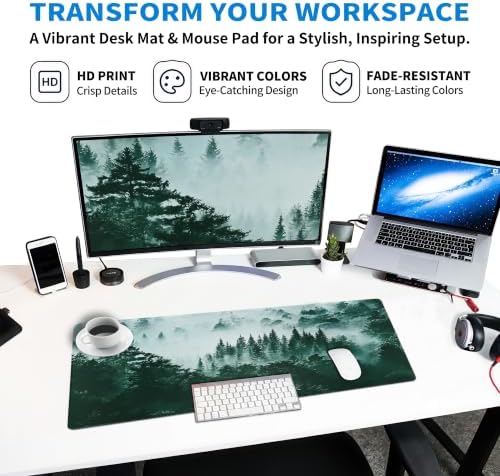 Extended Misty Forest Desk Mat, XL Large Gaming Mouse Pad, Tree Woodland Nature Stitched Edges Waterproof with Non-Slip Rubber Base for Computer Keyboard Laptop Work Home Office 31.5"x11.8"