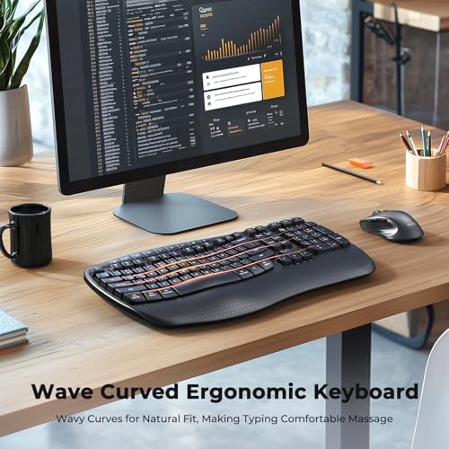 MEETION Ergonomic Wireless Keyboard and Mouse Combo with Wave Keys