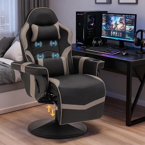 Game Reclining Chair with Adjustable Height, PU Gaming Chair with Massage, Long Footrest and Lumbar Support, High Back Swivel Computer Game Chair for Adult (Gray)