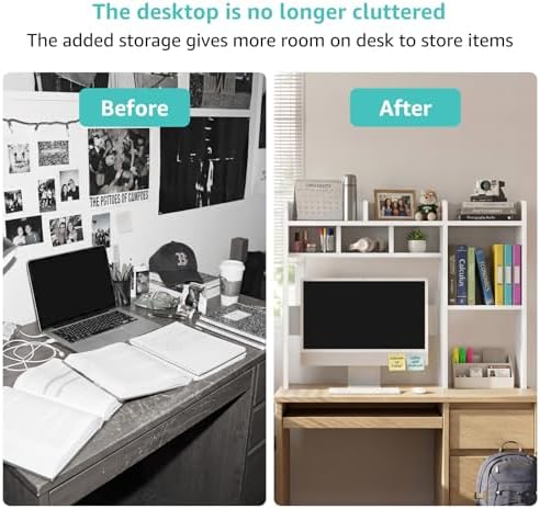 NUTIKAS Desk Hutch White Desktop Bookshelf Shelf - 37 Inch Computer Desk Organizer for Dorm Room, Wood Storage Rack for Home Office Desktop Display Shelves, Small Bookcase for Top of Desk
