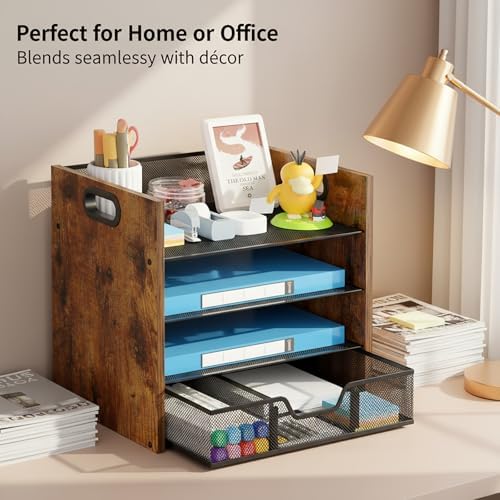 Desk Organizer - 4 Tier Desktop File Organizer with Drawer, Wooden Paper Tray Organizer, Office Desk Accessories Organizer for Papers, Mail, Notebooks, Stationery