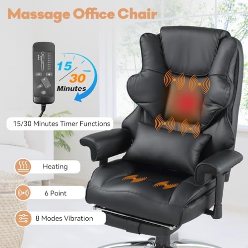 Vibration Massage Heated Office Desk Chair with Foot Rest, Black