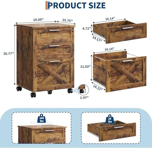 Garvee 3-Drawer Mobile File Cabinet with Lock, Under Desk Storage Drawers