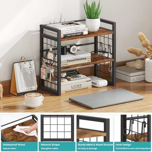 ELITEROO Desktop Shelf Organizer, 2 Tier Wood Desk Bookshelf, Rustic Brown