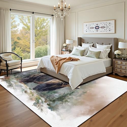 Peaceful Bear by Pine Trees Sunlit Moss Warm Tones Area Rug Outdoor Patio Rug Play Mat Modern Floor Carpet Non-Slip Home Decor Living Room Kids Bedroom Nursery, 9x12 ft