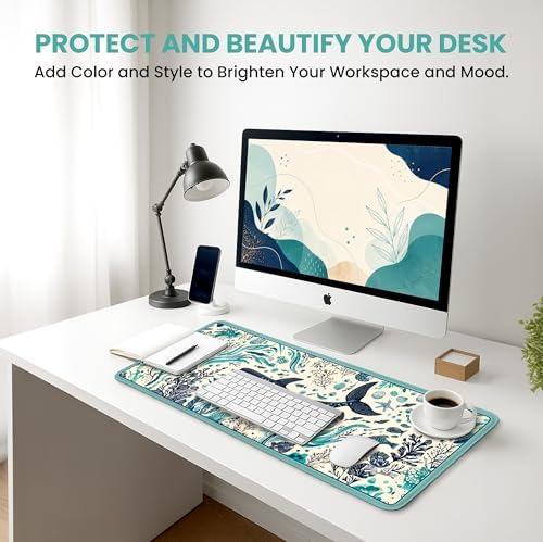 Aesthetic Desk Mat, Cute Drifting Whales Desk Pad Protector for Work & Decor, 35.4" x 15.7", Pretty Non-Slip Extended Mouse Pad for Office or Home
