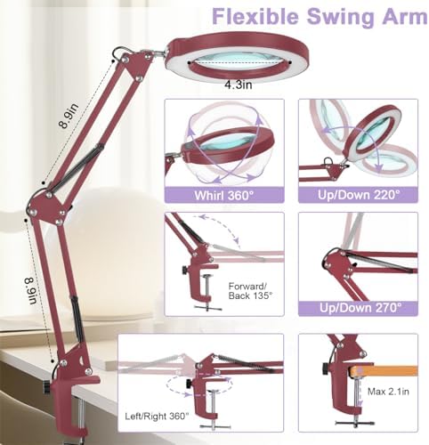 12X Magnifying Glass with Light and Clamp, Real Glass Lens Lighted Magnifier with Stand, 5 Color Modes LED Dimmable Magnifying Desk Lamp Hands Free for Crafts Painting Sewing Close Work - Red