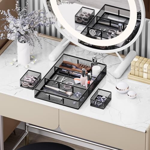 Marbrasse 3 Packs Desk Drawer Organizers, Metal Mesh Dividers Desk Drawer Organizer Tray with 9 Adjustable Compartments, Pen Organizer for Drawer Tray Box Accessories for Desktop,Kitchen, Makeup