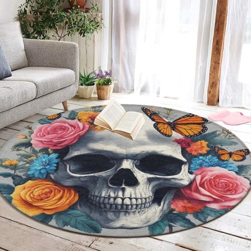 Large Machine Washable Circular Rugs, Home Decor Round Mat for Living Room Sofa Office Flower Sugar Skull