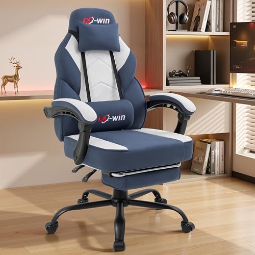 DL-win Video Gaming Chair for Adults, Computer Chair with Footrest and Ergonomic High Back, Big and Tall Gamer Chair with Massage Lumbar Support (Light Blue Fabric)