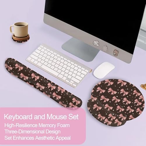 Cute Pink Bows Keyboard Wrist Rest Pad Mouse Pad Set,Ergonomic Mousepad Wrist Support Memory Foam Desk Pad for Gaming Office,Non-Slip Rubber Base Easy Typing for Home Office Computers
