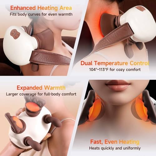 Neck and Shoulder Massager with Heat, Palm-Style Kneading, 3 Speeds, Ergonomic Hands-Free Design, Portable Massage Device for Home, Office, Travel